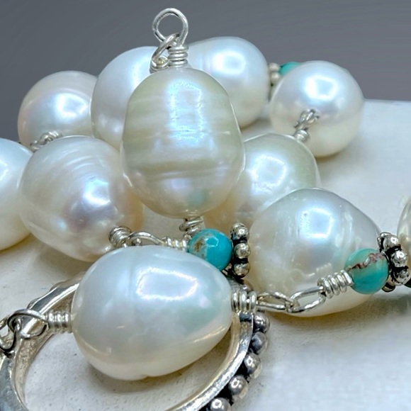🌺Gorgeous Sterling, Genuine Pearl & Turquoise Necklace - Picture 10 of 14
